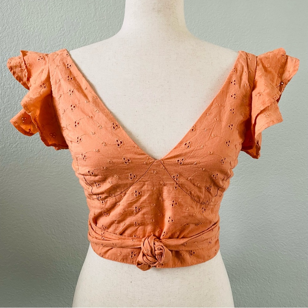 Japna Orange Eyelet Embroidered Vneck Ruffle Cap Sleeve Wrap Crop Top | Medium - Picture 5 of 7